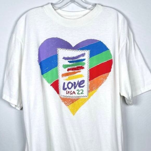 Vintage 1990 AllUSA Love USA 22 Stamp Graphic T-Shirt Single Stitch XL - Picture 1 of 7